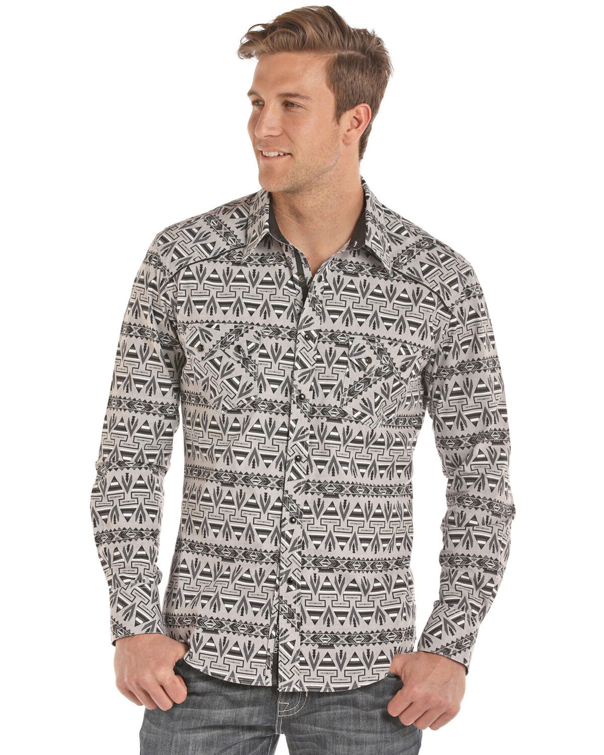 Image #1 - Rock & Roll Denim Men's Southwestern Chambray Print Long Sleeve Western Shirt, Black, hi-res
