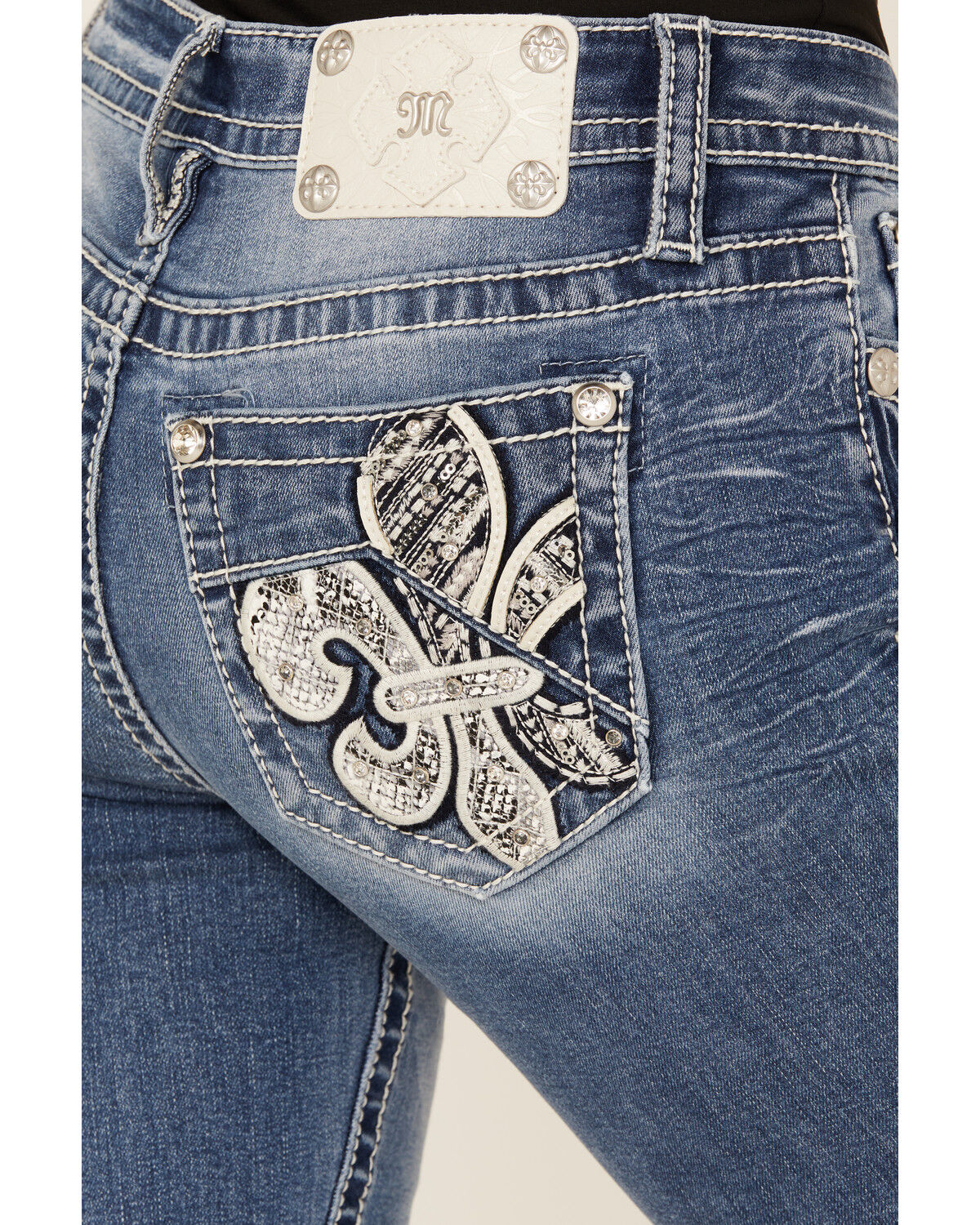 Image #2 - Miss Me Women's Medium Wash Slim Fit Fleur de Lis Pocket Bootcut Stretch Denim Jeans, Medium Wash, hi-res