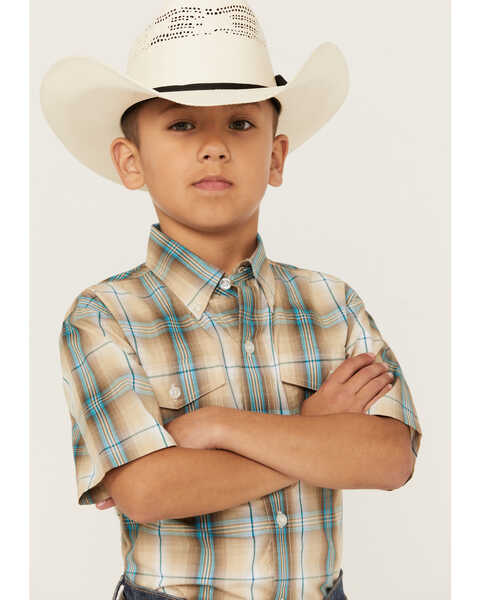 Roper Boys' Amarillo Plaid Print Short Sleeve Western Button Down Shirt, Tan, hi-res