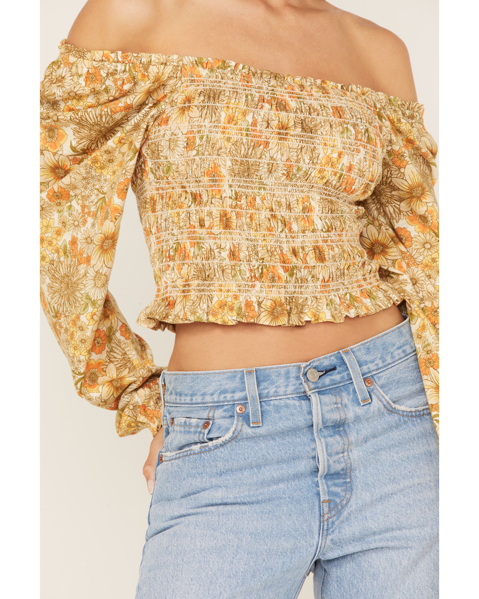 Image #3 - Jolt Women's Floral Print Smocked Long Sleeve Crop Top, Ivory, hi-res