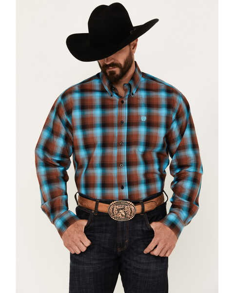 Cinch Men's Ombre Plaid Print Long Sleeve Button-Down Western Shirt , Brown/blue, hi-res