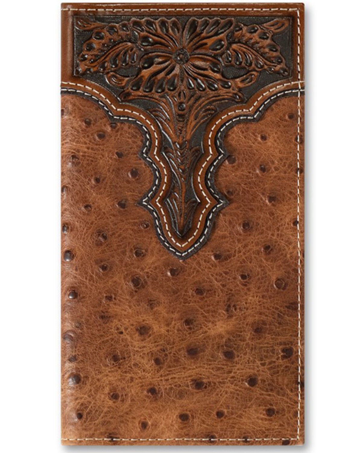 Ariat Men's Rodeo Ostrich Print Floral Embossed Wallet, Brown, hi-res