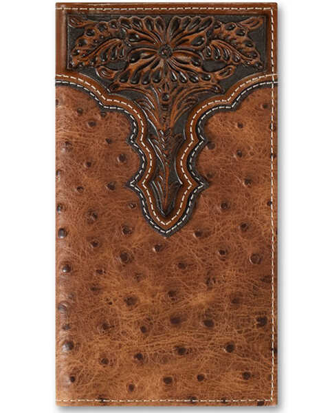 Ariat Men's Rodeo Ostrich Print Floral Embossed Wallet , Brown, hi-res