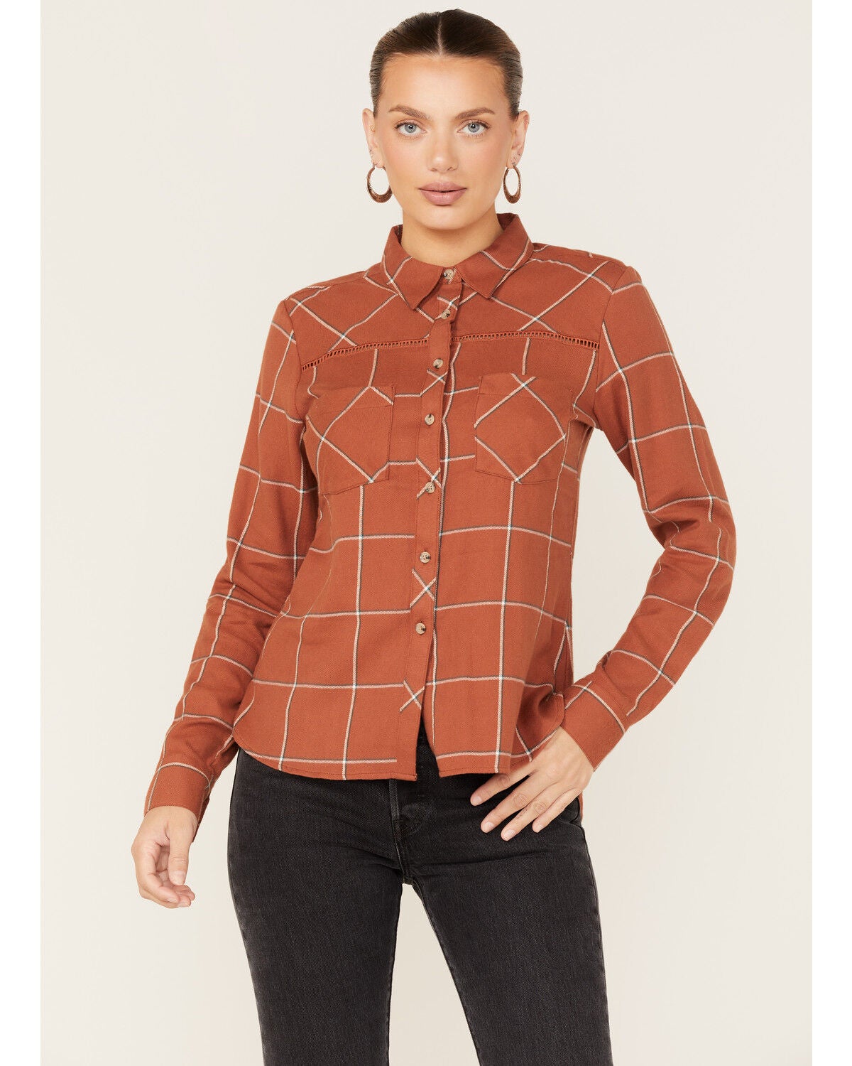 Shyanne Women's Plaid Print Long Sleeve Flannel Button-Down Shirt, Chestnut, hi-res