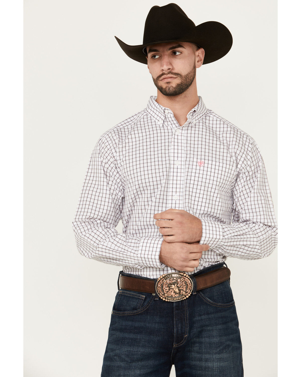 Image #1 - Ariat Men's Briggs Windowpane Plaid Print Long Sleeve Button-Down Western Shirt - Tall, White, hi-res