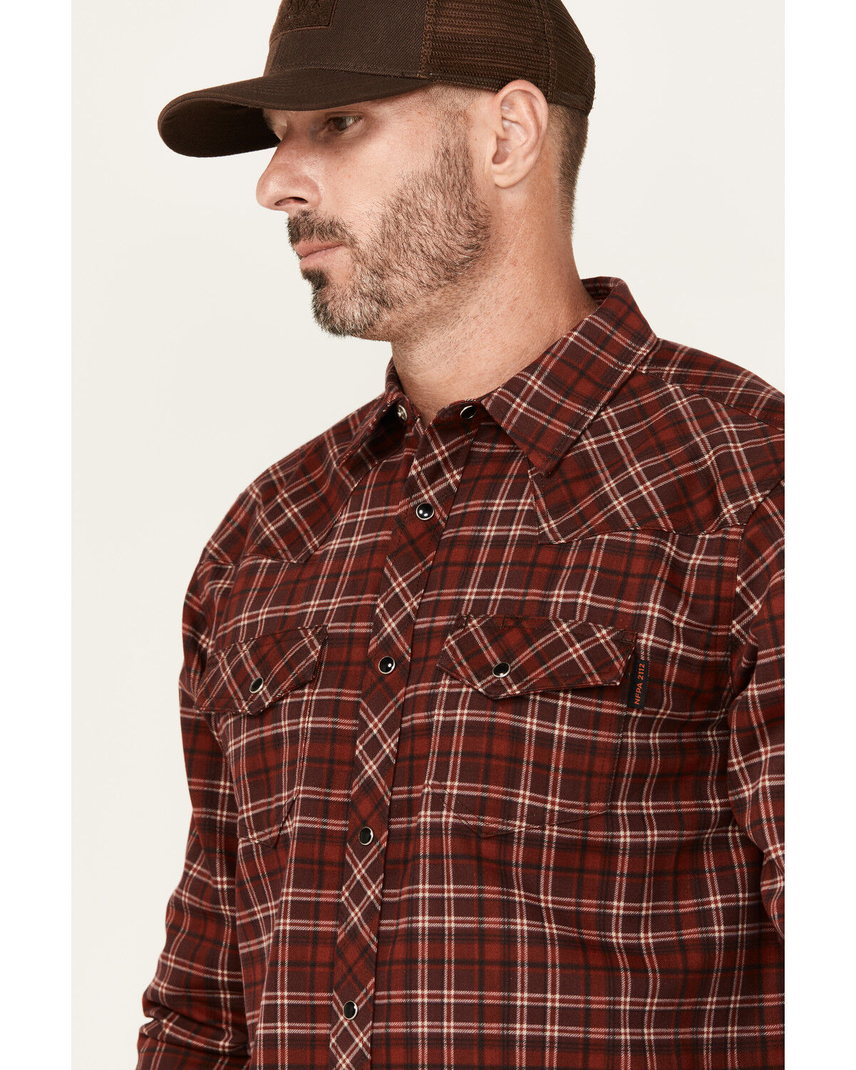 Image #2 - Carhartt Men's FR Plaid Print Long Sleeve Snap Western Work Shirt, Burgundy, hi-res