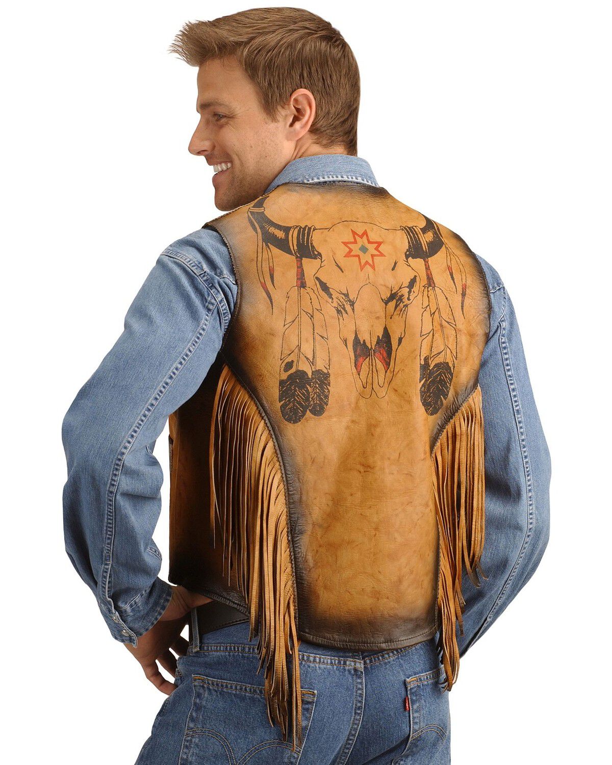 Image #1 - Kobler Leather Vest with Bull Skull Design, Beige, hi-res