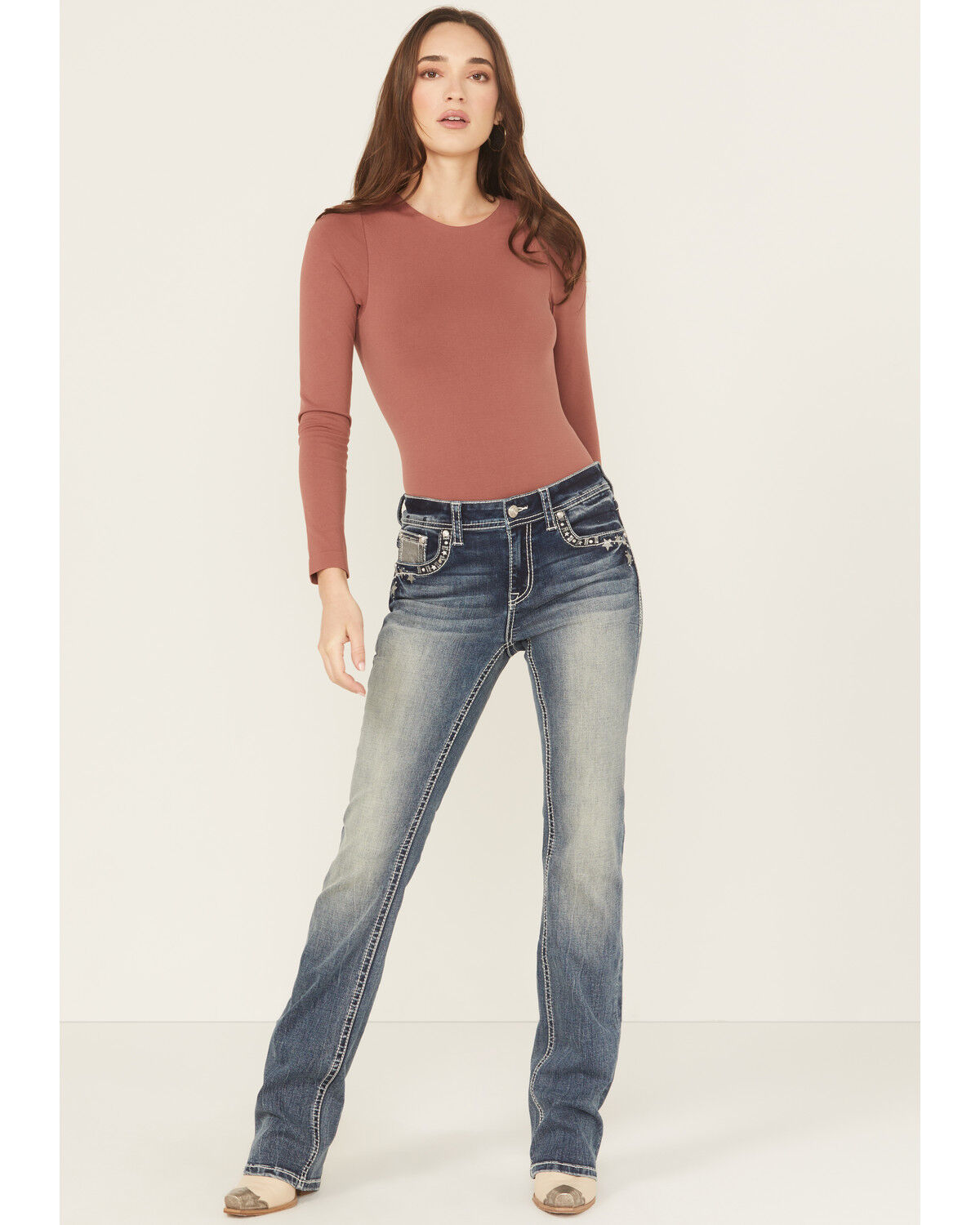 Image #3 - Grace In LA Women's Medium Wash Mid Rise Star Horseshoe Bootcut Stretch Denim Jeans, Medium Wash, hi-res