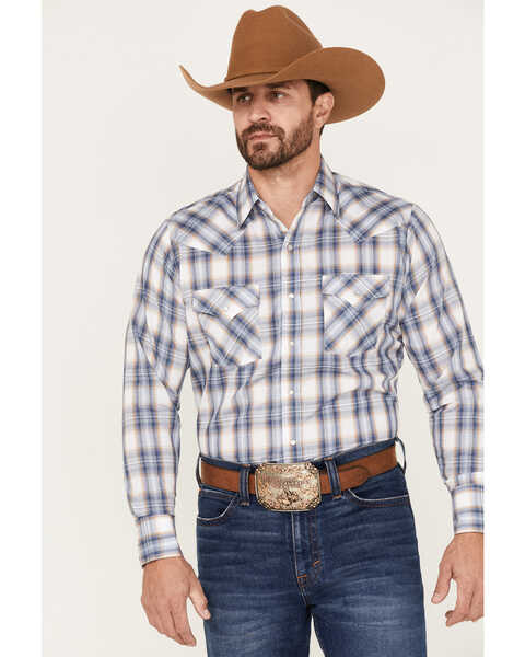 Ely Walker Men's Plaid Print Long Sleeve Pearl Snap Western Shirt , Blue, hi-res
