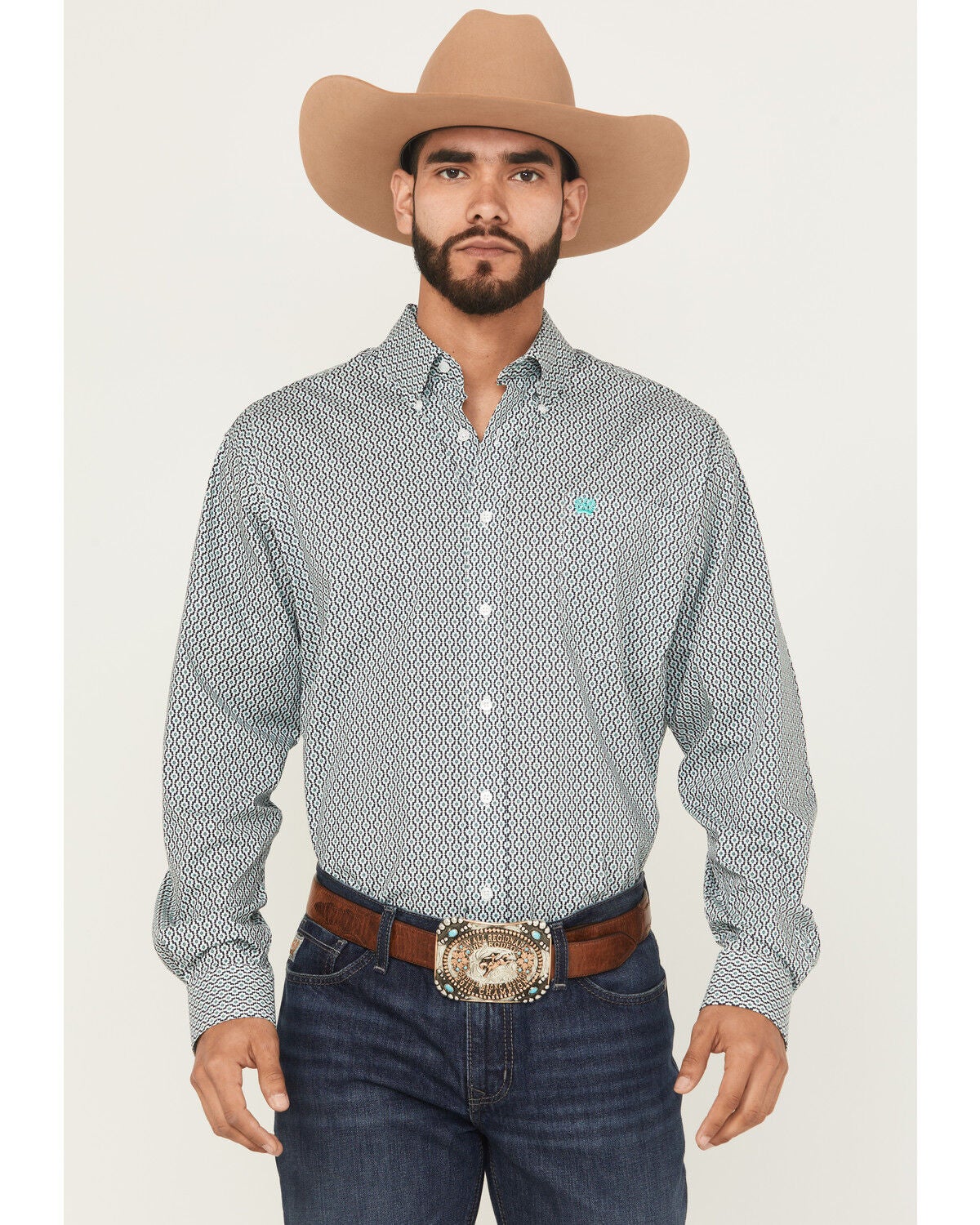 Cinch Men's Geo Print Long Sleeve Button-Down Western Shirt, White, hi-res