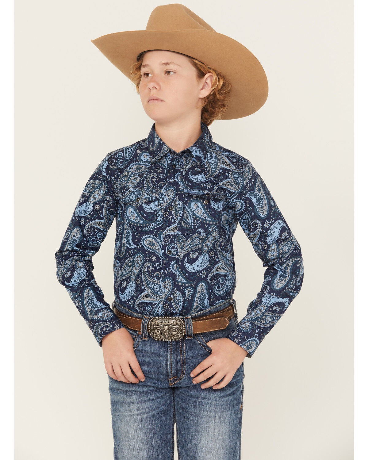 Cody James Boys' Westward Paisley Print Long Sleeve Snap Western Shirt, Navy, hi-res