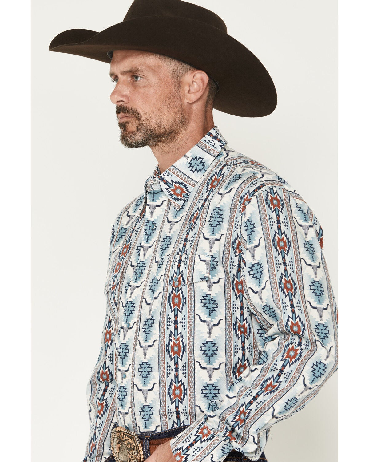Image #2 - Wrangler Men's Checotah Southwestern Striped Long Sleeve Pearl Snap Western Shirt - Tall, Blue, hi-res