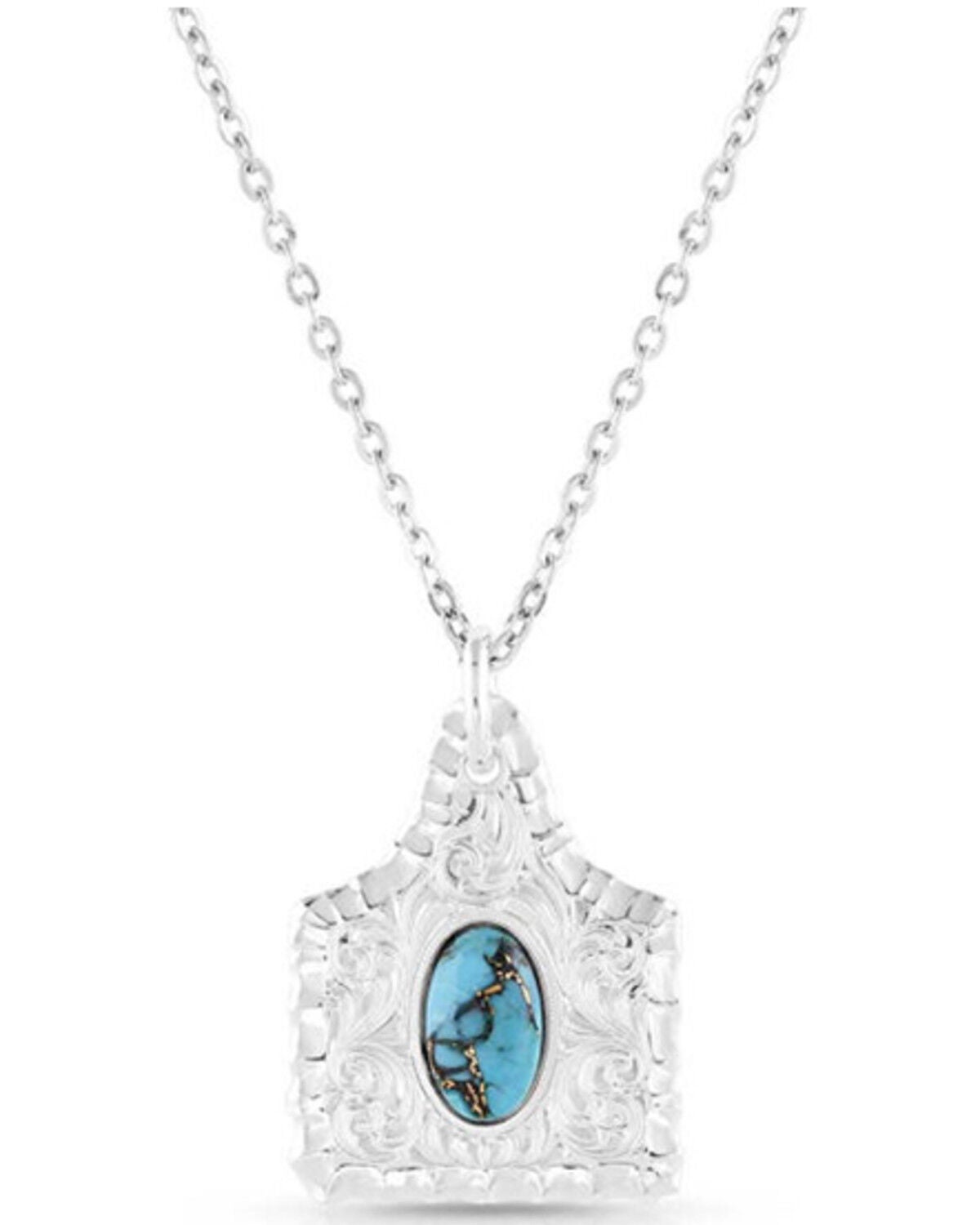 Montana Silversmiths Women's Chiseled Cow Tag Turquoise Necklace, Silver, hi-res