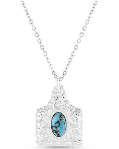 Montana Silversmiths Women's Chiseled Cow Tag Turquoise Necklace , Silver, hi-res