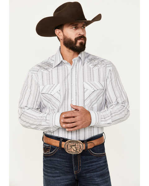 Rough Stock by Panhandle Men's Striped Print Long Sleeve Pearl Snap Western Shirt, White, hi-res
