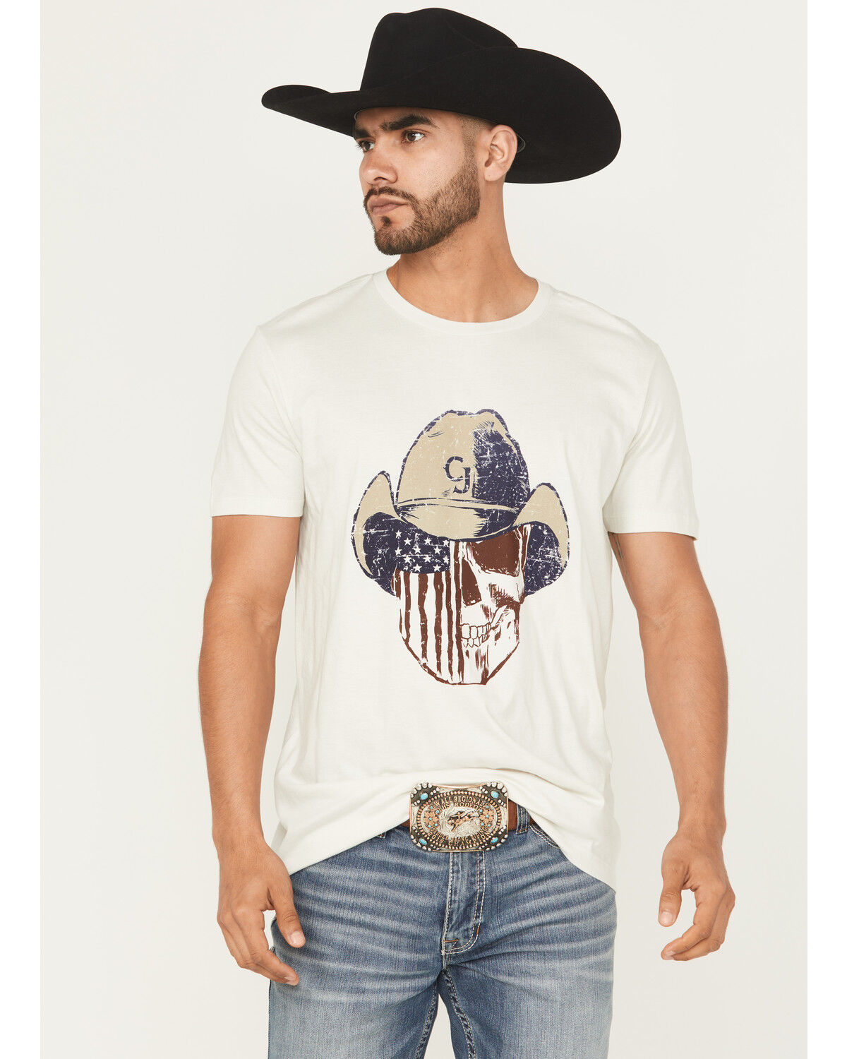 Image #1 - Cody James Men's Best Friend Americana Skull Short Sleeve Graphic T-Shirt, Cream, hi-res