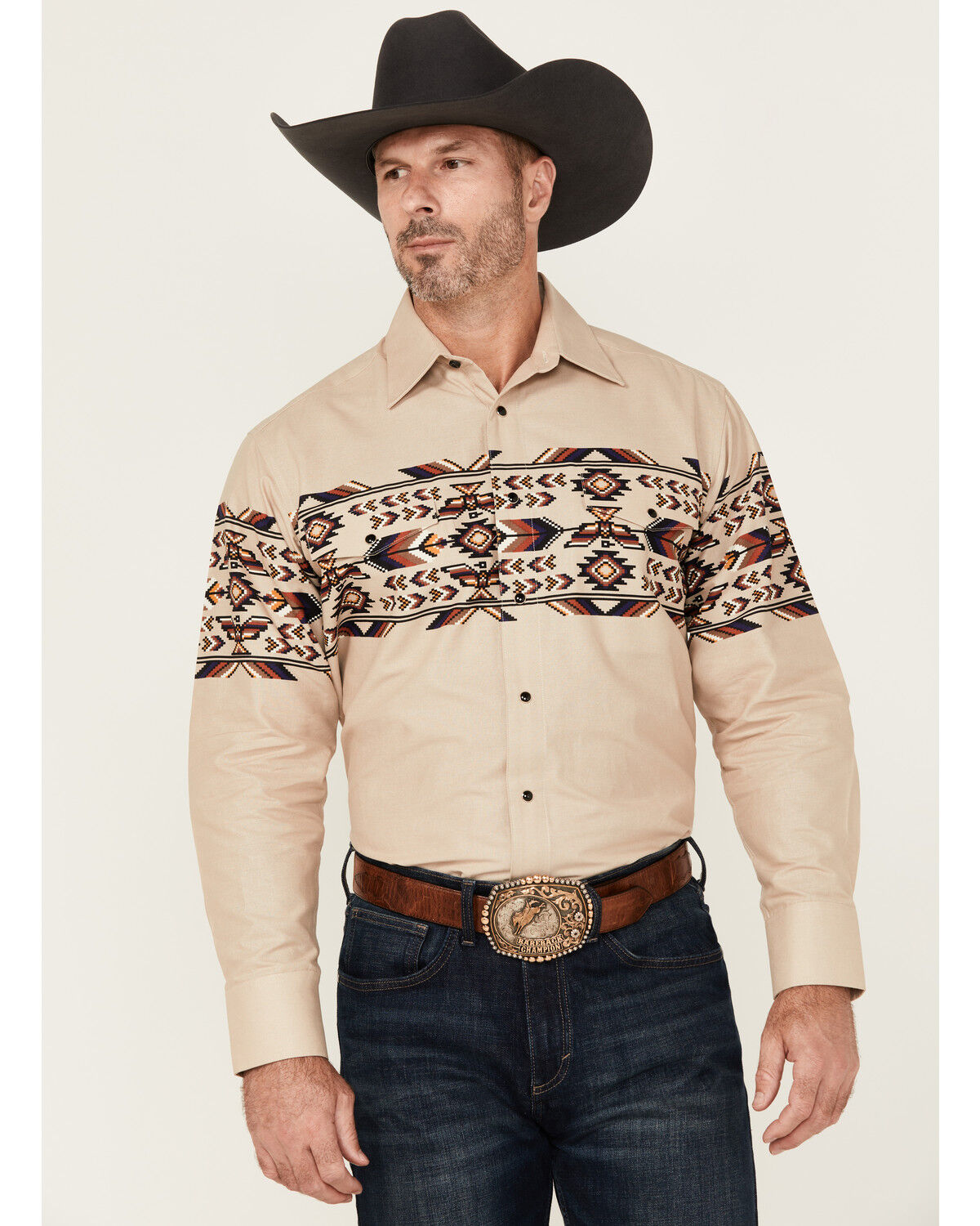 Image #1 - Panhandle Men's Thunderbird Border Print Long Sleeve Snap Western Shirt, Tan, hi-res