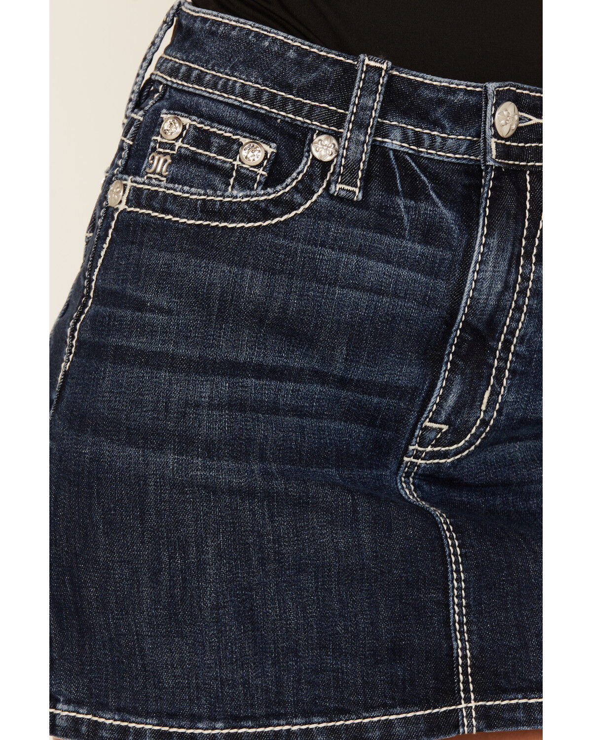 Image #2 - Miss Me Women's Dark Wash Embroidered Pocket Stretch Denim Mini Skirt, Dark Wash, hi-res