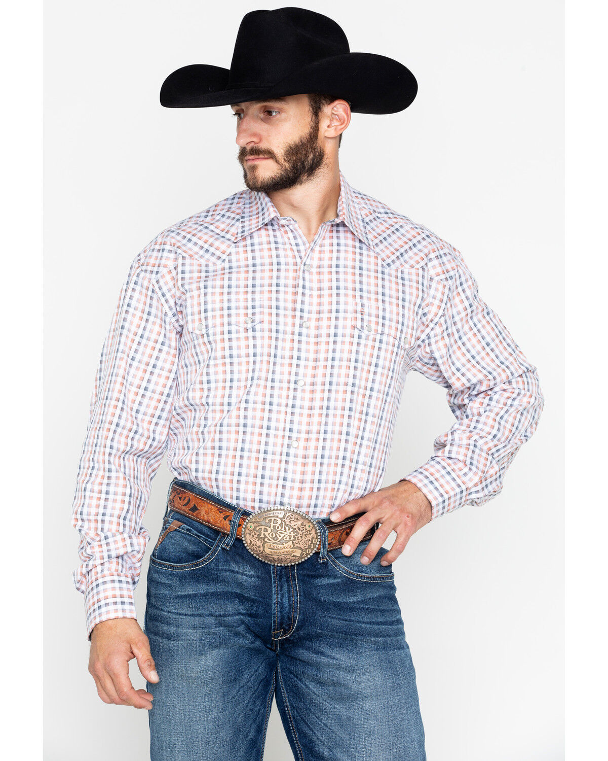 Image #1 - Stetson Men's Small Plaid Print Snap Long Sleeve Western Shirt, Orange, hi-res