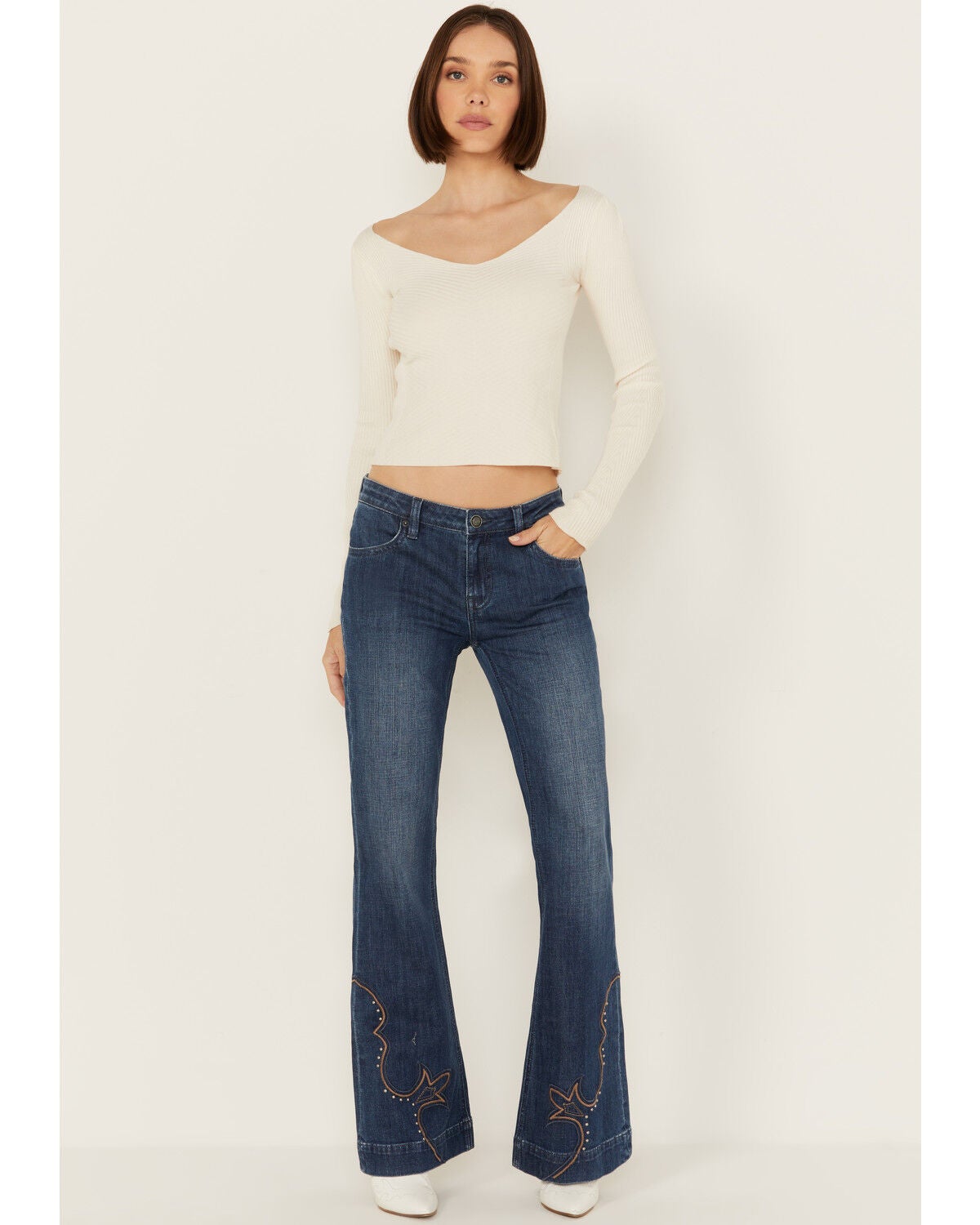 Rock & Roll Denim Women's Dark Wash Mid Rise Hem Stitched Trouser Stretch Denim Jeans, Dark Wash, hi-res