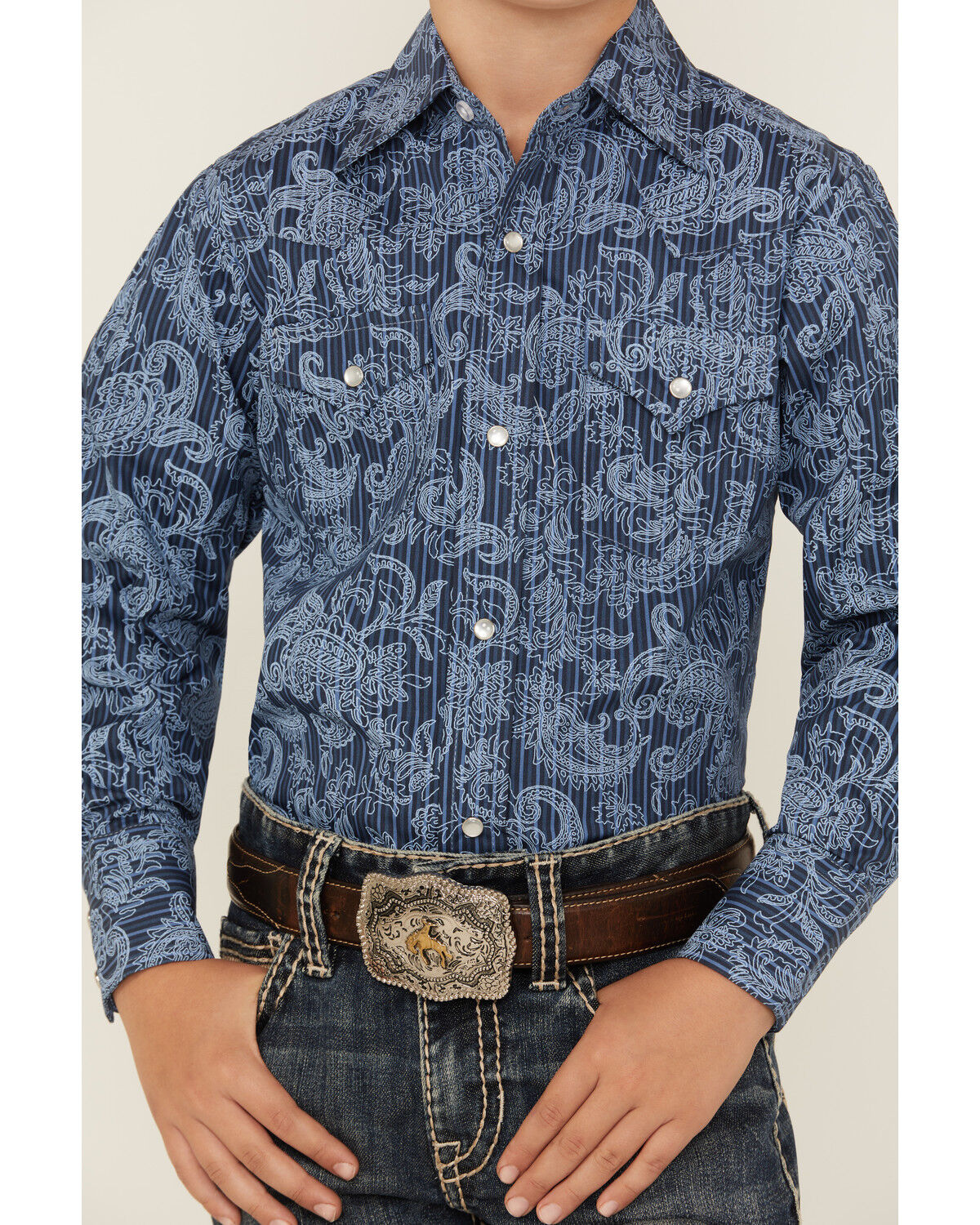 Image #3 - Ely Walker Boys' Paisley Print Long Sleeve Pearl Snap Western Shirt, Blue, hi-res