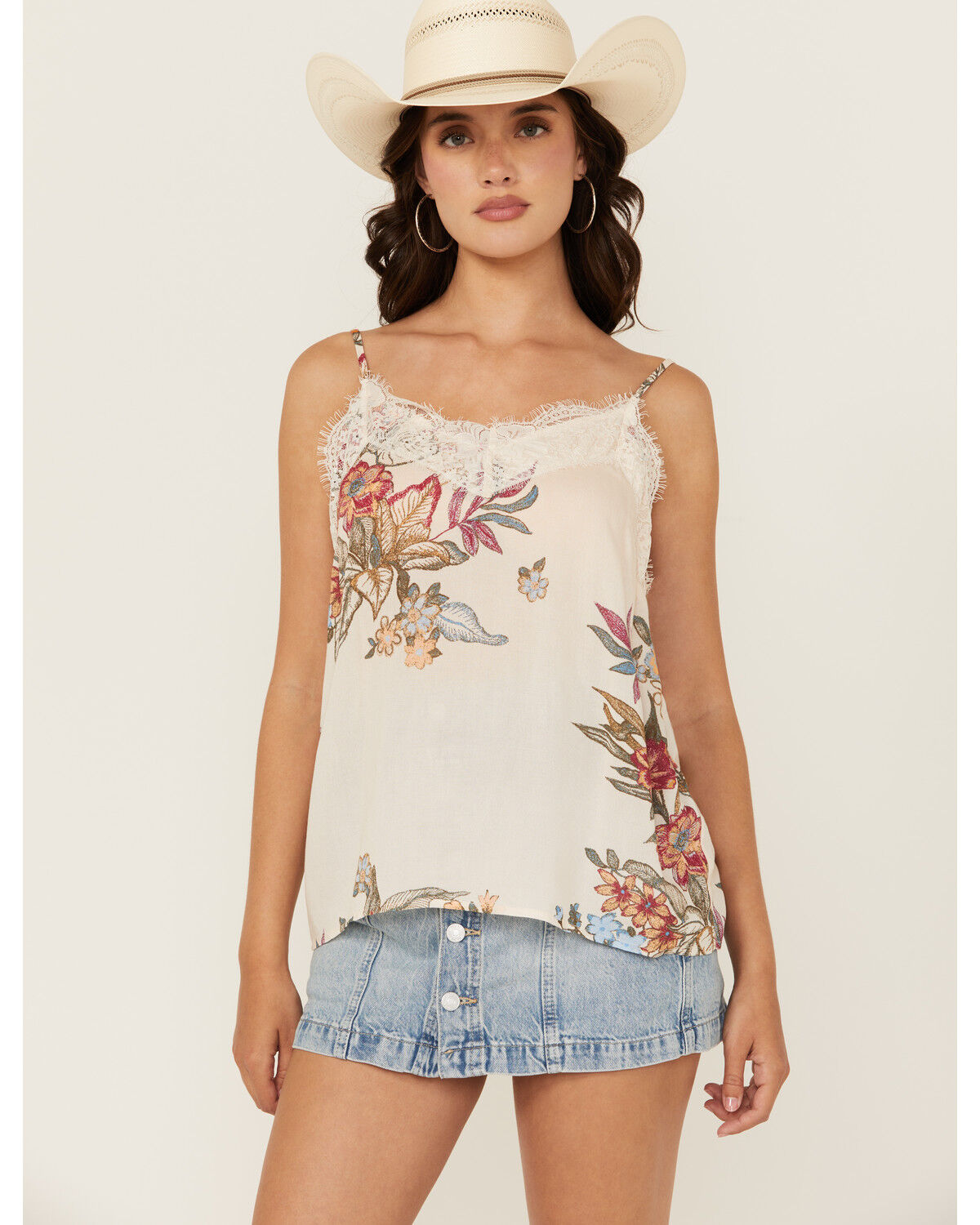 Image #1 - Wild Moss Women's Floral Print Lace Trim Cami Tank Top, Cream, hi-res
