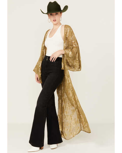 En Creme Women's Floral Metallic Long Sleeve Duster Kimono, Olive, hi-res