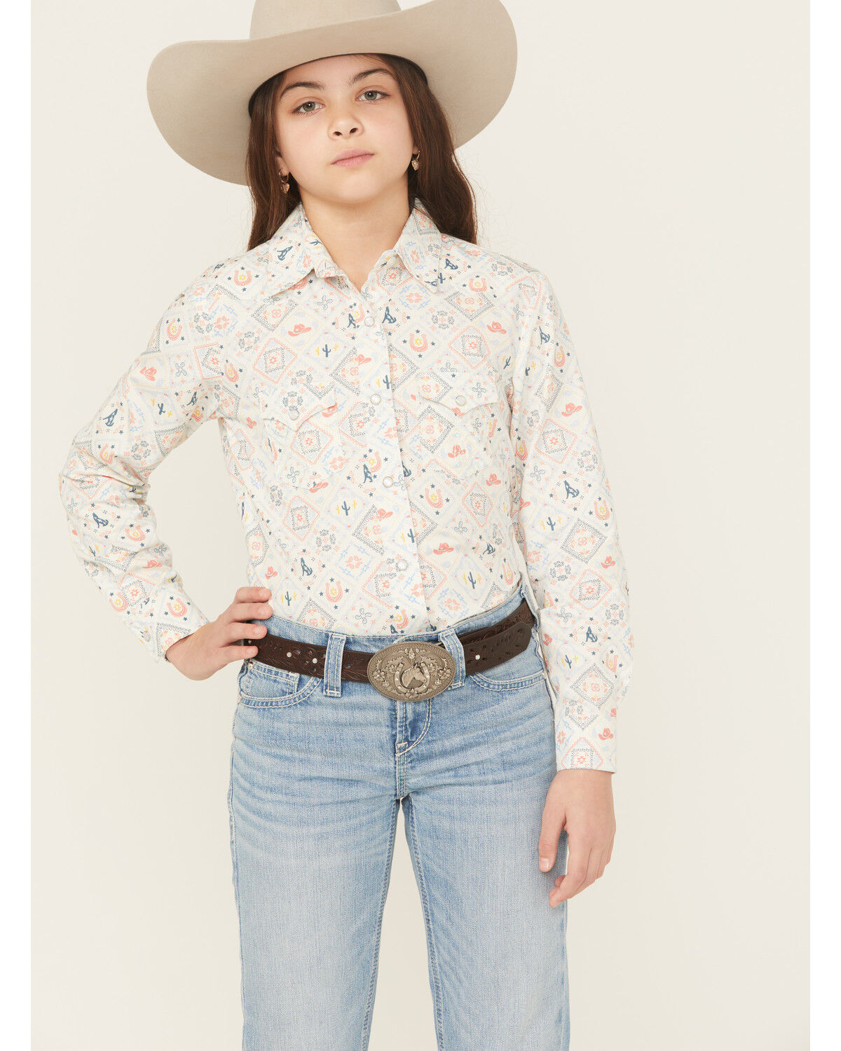 Image #1 - Panhandle Slim Girls' Conversation Print Long Sleeve Snap Western Shirt, Multi, hi-res