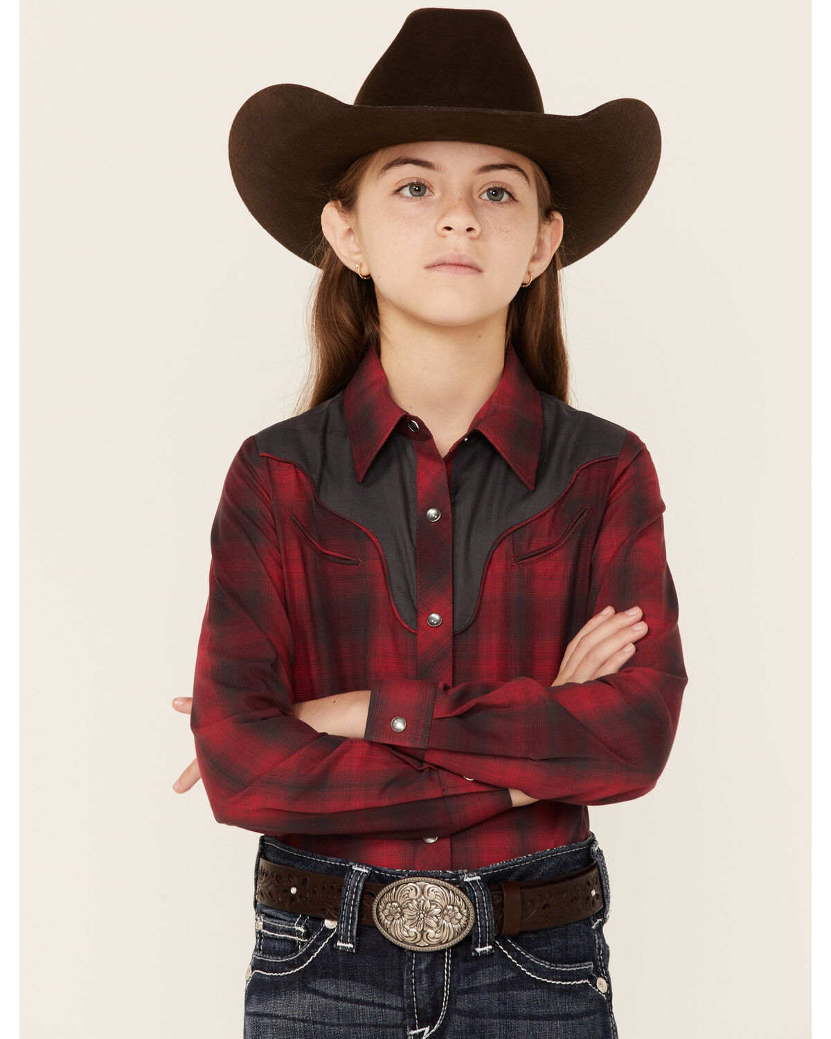 Image #1 - Roper Girls' Fancy Applique Plaid Long Sleeve Snap Western Shirt, Red, hi-res