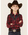 Image #1 - Roper Girls' Fancy Applique Plaid Long Sleeve Snap Western Shirt, Red, hi-res