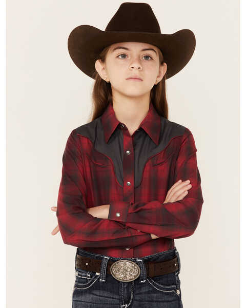 Roper Girls' Fancy Applique Plaid Long Sleeve Snap Western Shirt , Red, hi-res