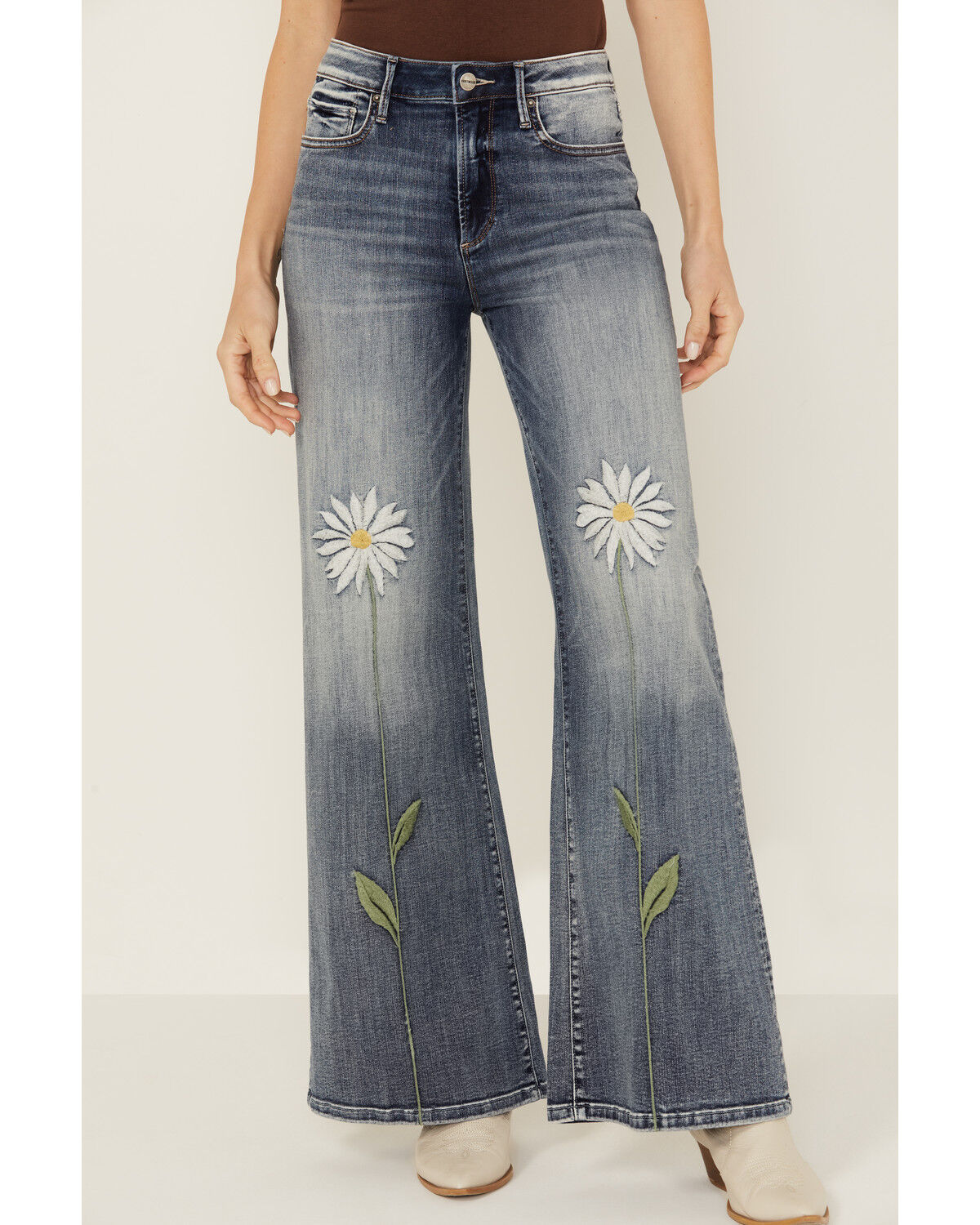 Image #2 - Driftwood Women's Penelope X Daisy Fields Medium Wash High Rise Destructed Flare Stretch Denim Jeans, Medium Wash, hi-res