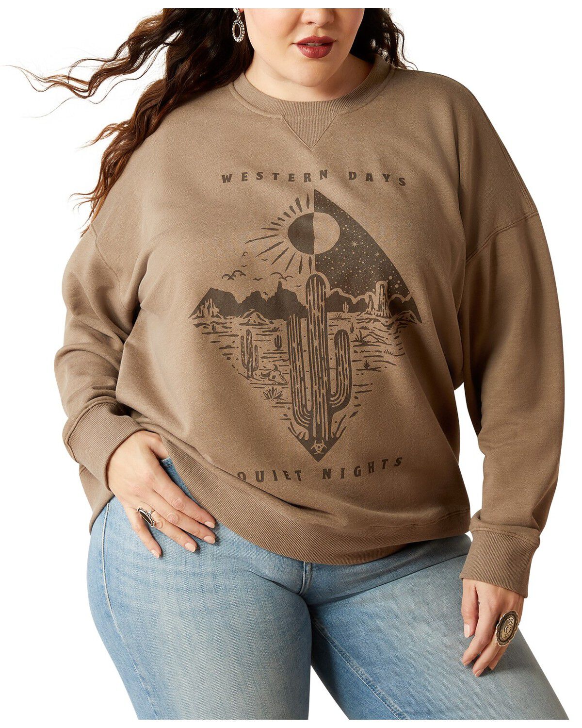 Image #1 - Ariat Women's West Days Graphic Sweatshirt - Plus, Tan, hi-res
