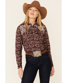 Rough Stock By Panhandle Women's Wine Floral Print Lace Yoke Long Sleeve Snap Western Core Shirt , Burgundy, hi-res