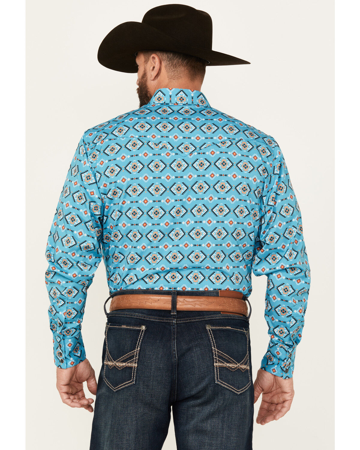 Image #4 - Rodeo Clothing Men's Boot Barn Exclusive Southwestern Print Long Sleeve Snap Western Shirt, Turquoise, hi-res