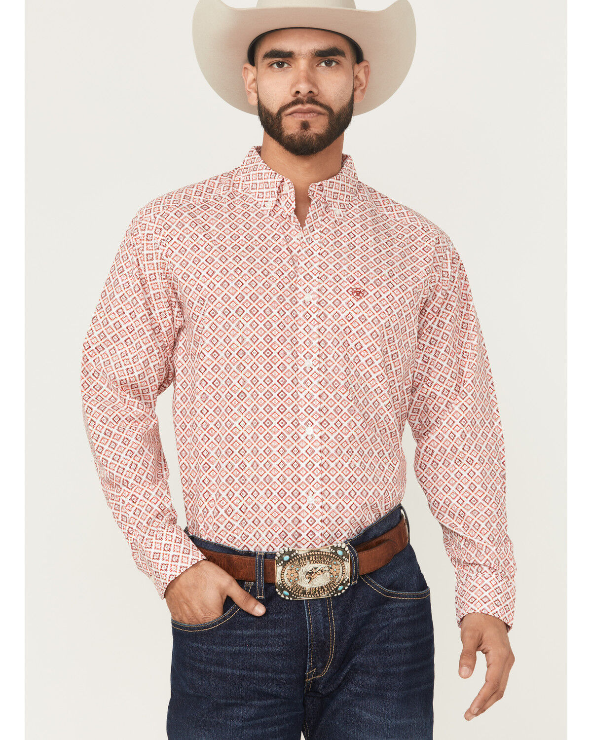 Image #1 - Ariat Men's Saylor Geo Print Long Sleeve Button-Down Western Shirt, Orange, hi-res