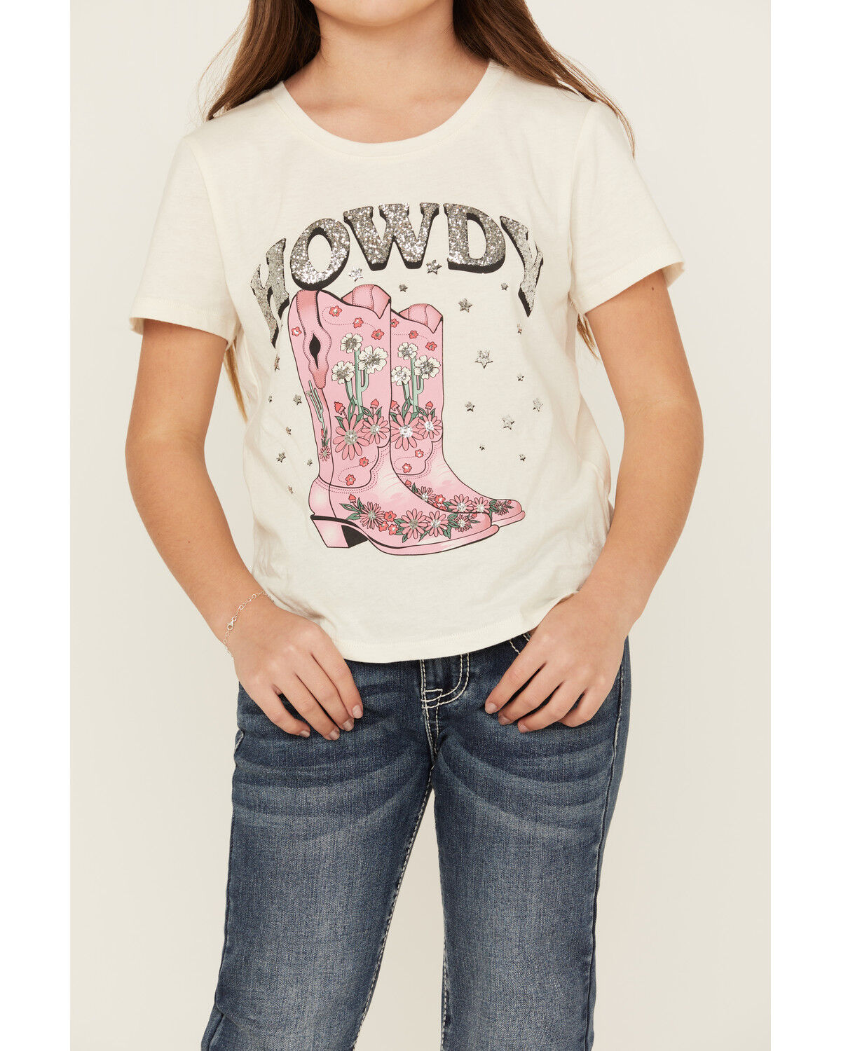Image #3 - Self Esteem Girls' Howdy Sequin Short Sleeve Graphic Tee, Oatmeal, hi-res
