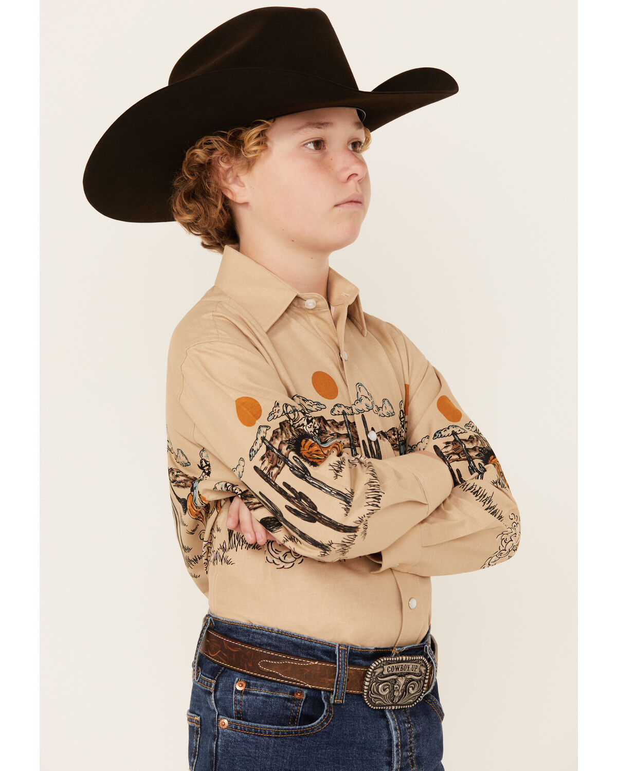 Image #2 - Panhandle Boys' Cowboy Border Print Long Sleeve Pearl Snap Western Shirt, Tan, hi-res