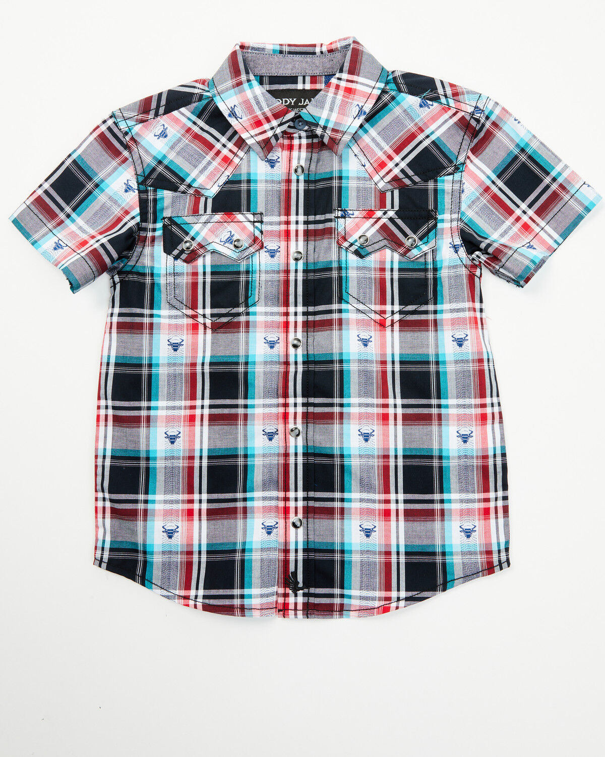 Image #1 - Cody James Toddler Boys' Steerhead Plaid Print Short Sleeve Snap Western Shirt, Navy, hi-res