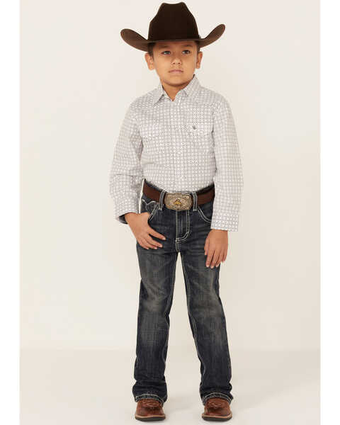 Image #2 - Rodeo Clothing Boys' Dot Geo Print Long Sleeve Pearl Snap Western Shirt , White, hi-res