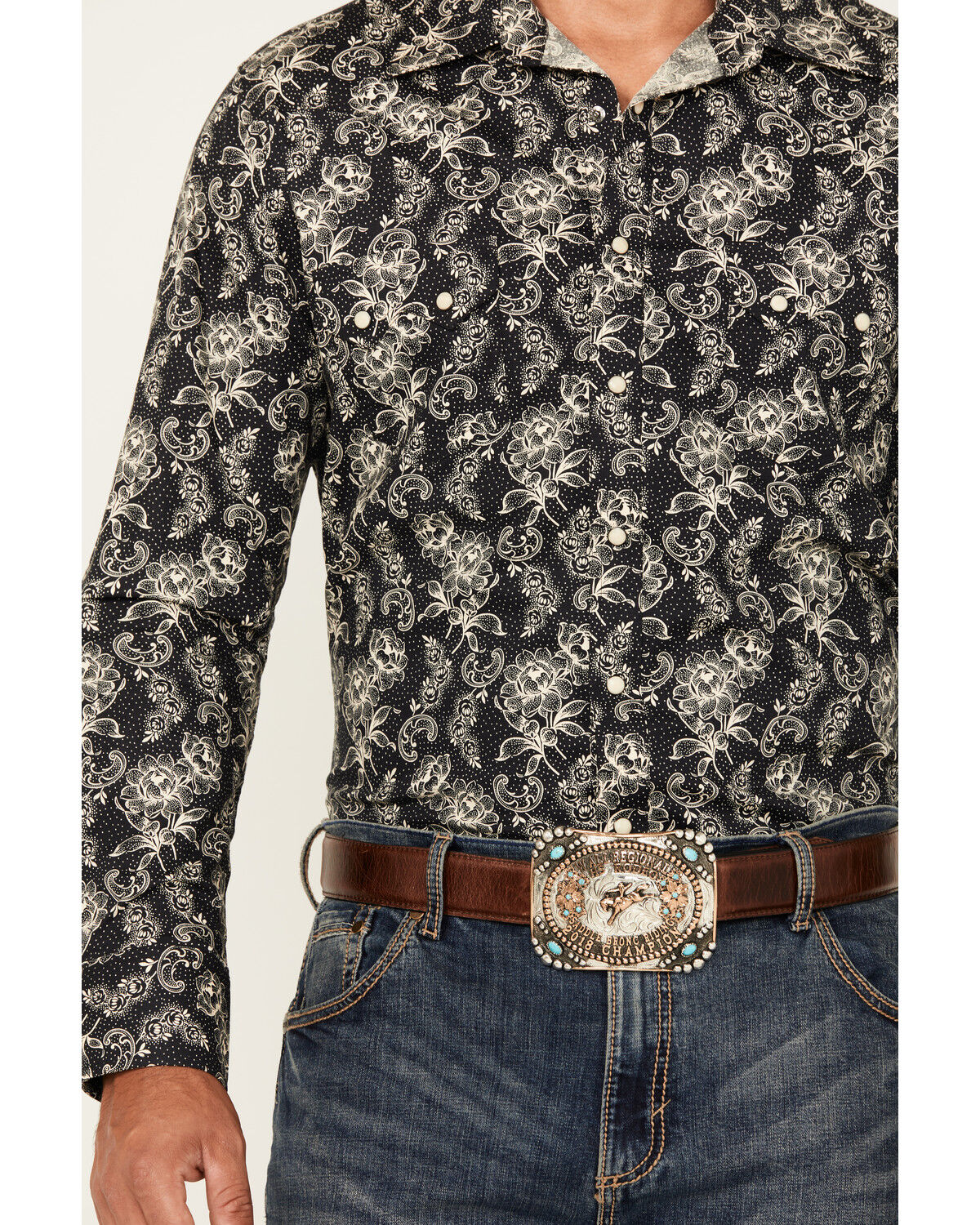 Image #3 - Rock & Roll Denim Men's Floral Print Long Sleeve Snap Stretch Western Shirt, Black, hi-res