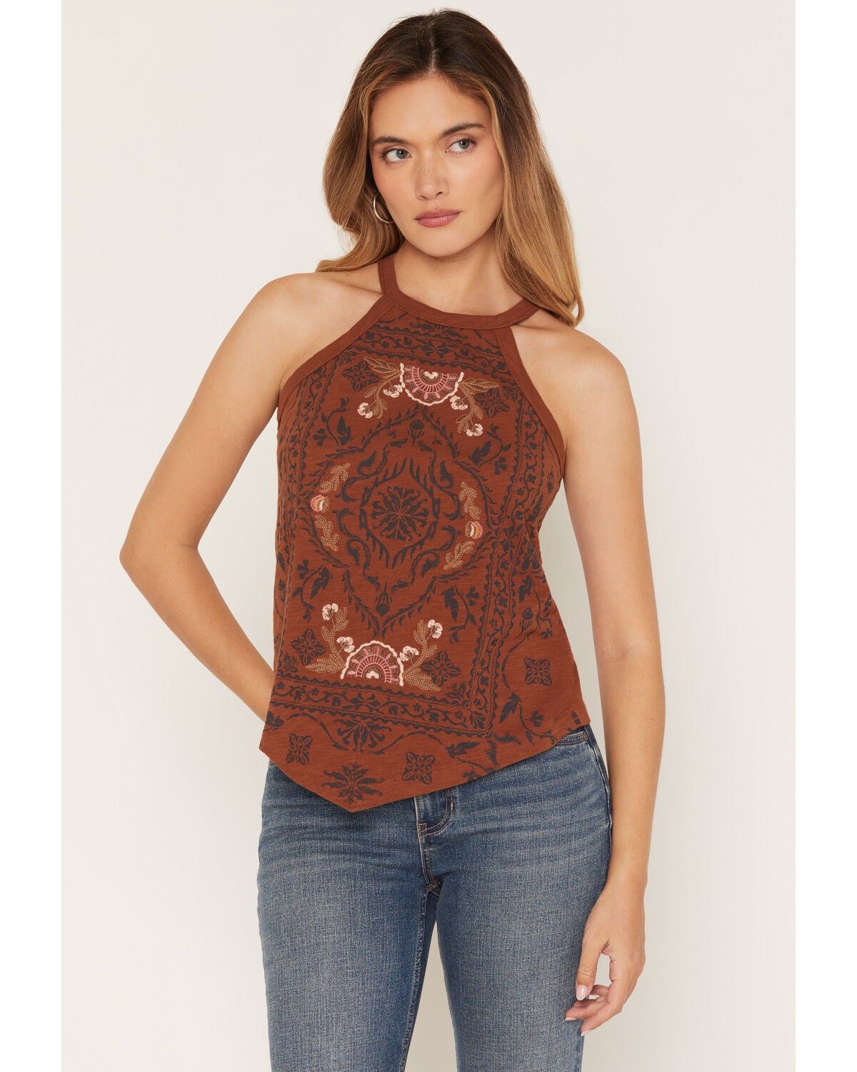 Shyanne Women's Wren Floral Embroidered Halter Tank Top, Brown, hi-res