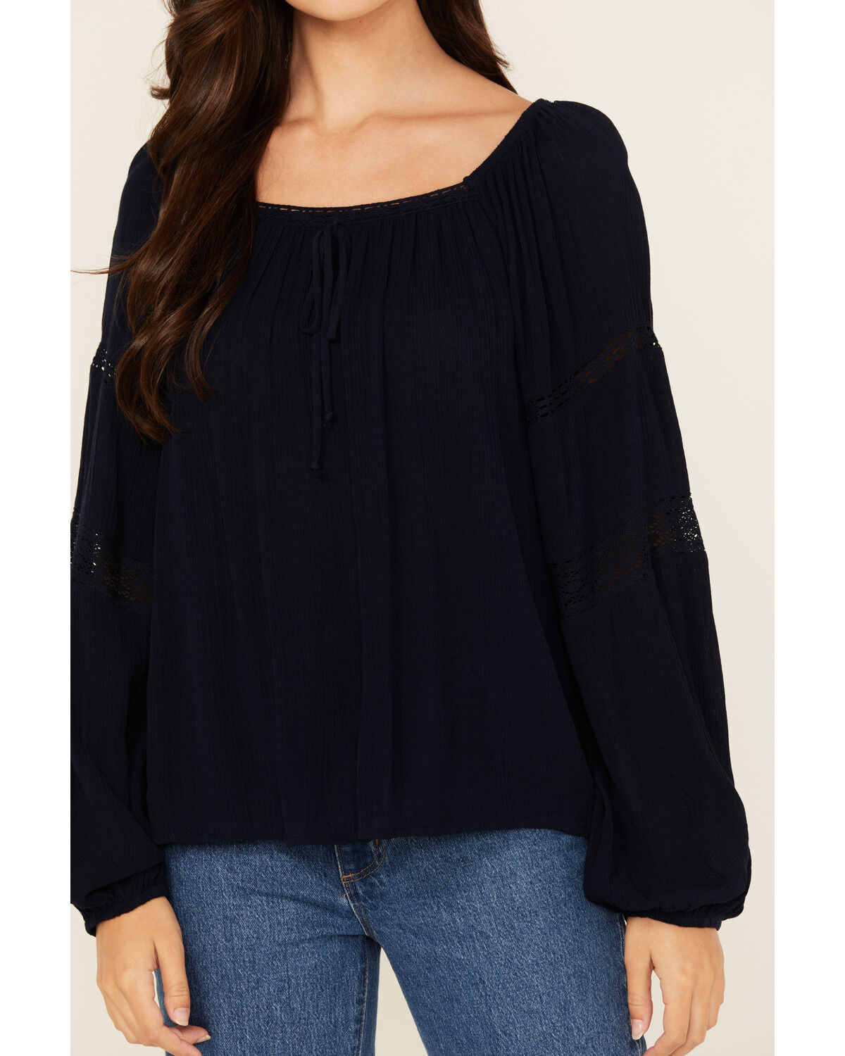 Image #3 - Jolt Women's Lace Trim Long Sleeve Peasant Top, Navy, hi-res