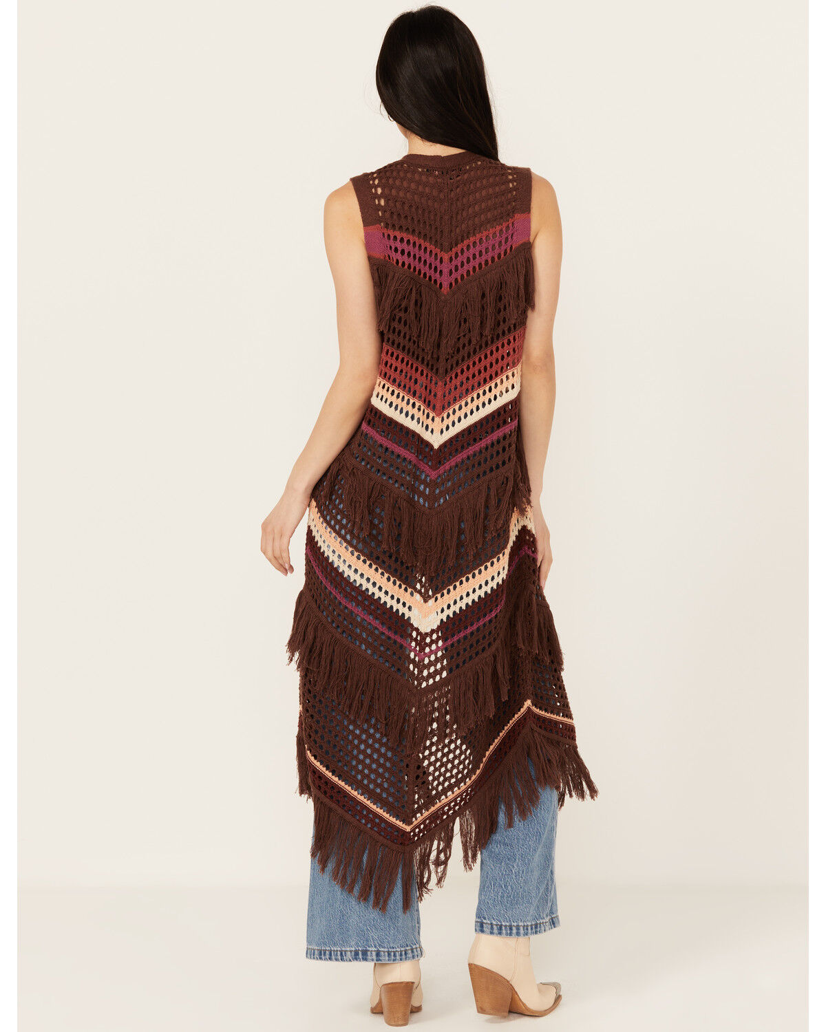 Image #4 - Shyanne Women's Long Striped Crochet Fringe Sweater Vest, Dark Brown, hi-res