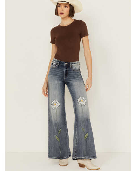 Driftwood Women's Penelope X Daisy Fields Medium Wash High Rise Destructed Flare Stretch Denim Jeans , Medium Wash, hi-res