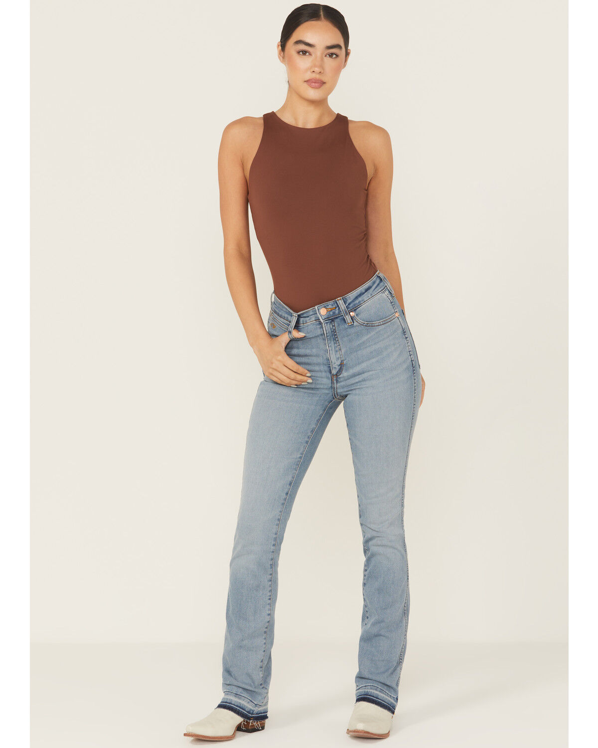 Image #2 - Wrangler X Lainey Wilson Women's Sky Medium Wash High Rise Boot Hugger Bootcut Stretch Denim Jeans, Medium Wash, hi-res