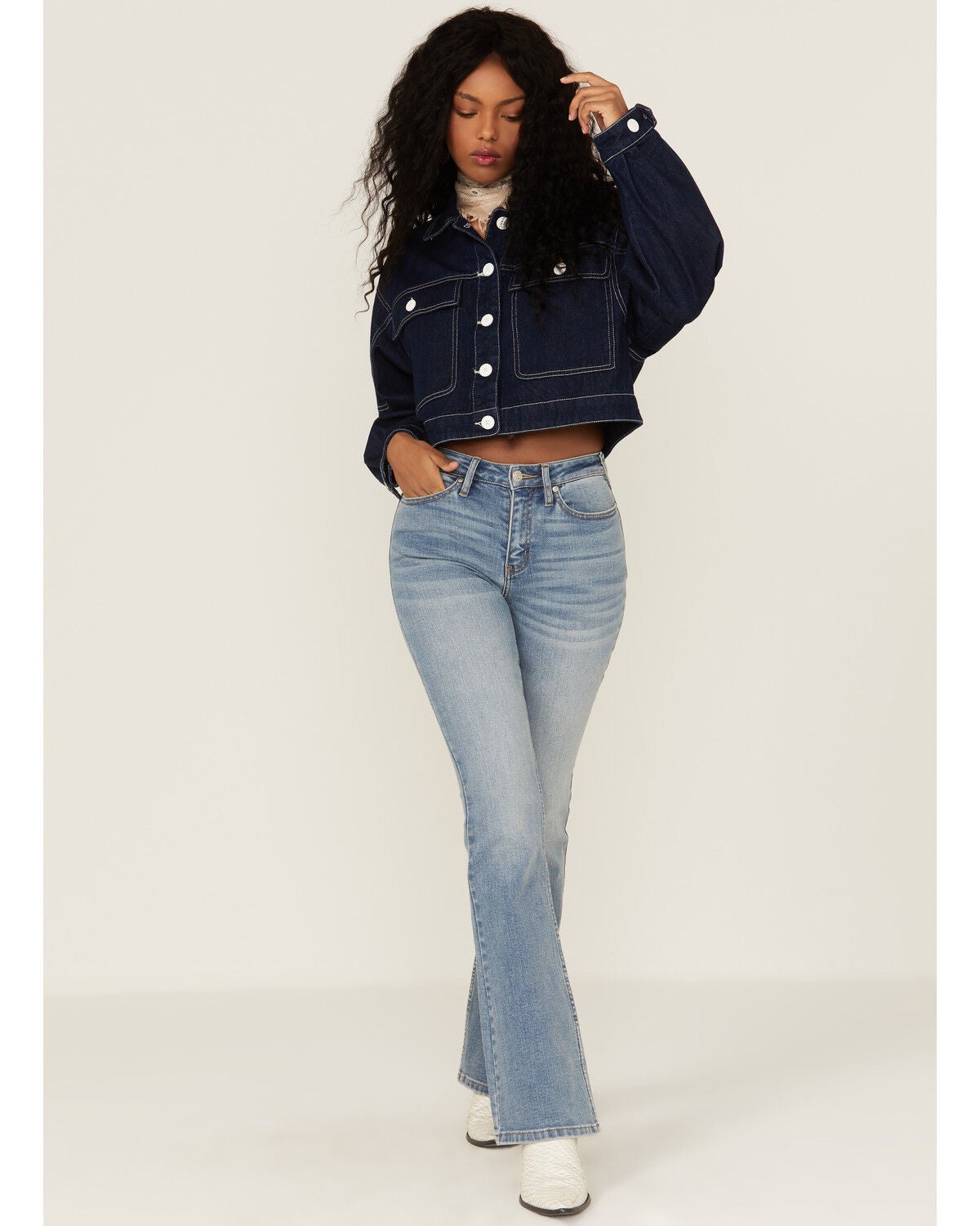 Image #2 - Unpublished Denim Women's Dark Wash Oversized Cropped Button Down Jacket, Blue, hi-res