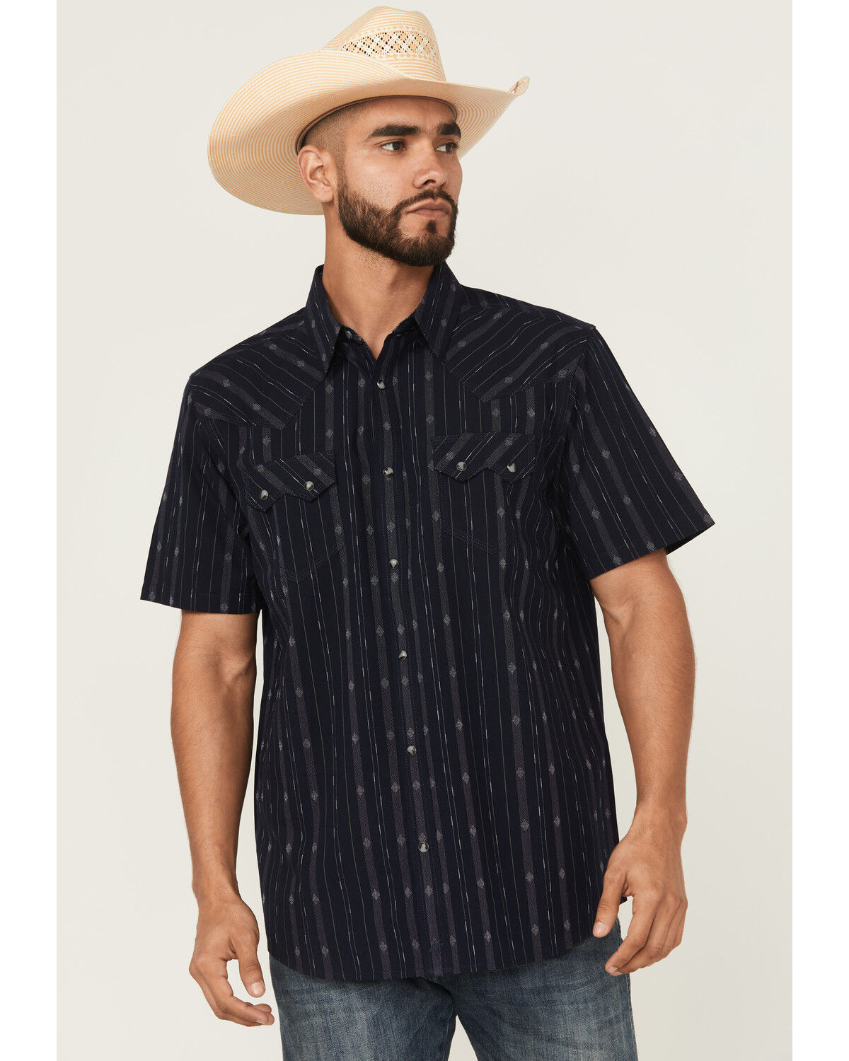 Image #1 - Moonshine Spirit Men's Star Power Striped Short Sleeve Snap Western Shirt, Navy, hi-res