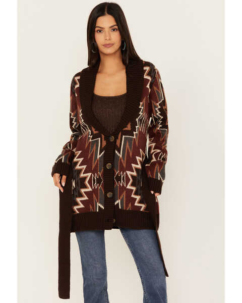 Powder River Outfitters Women's Southwestern Print Robe Sweater , Brown, hi-res