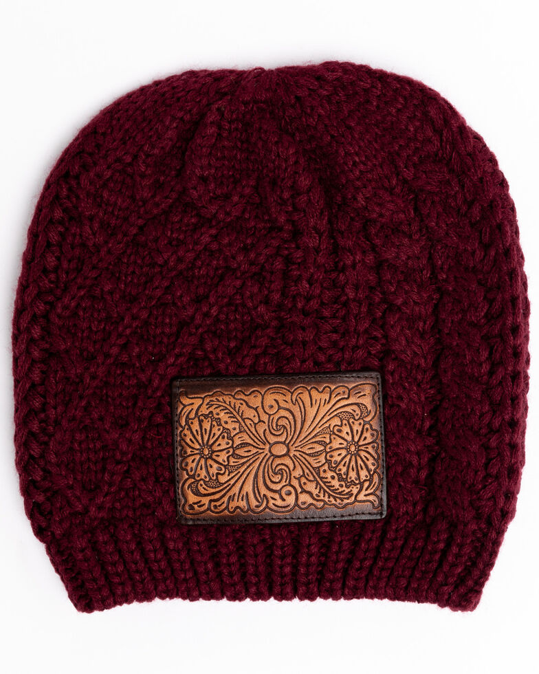 Shyanne Women's Wine Chunky Knit Leather Patch Beanie, Wine, hi-res